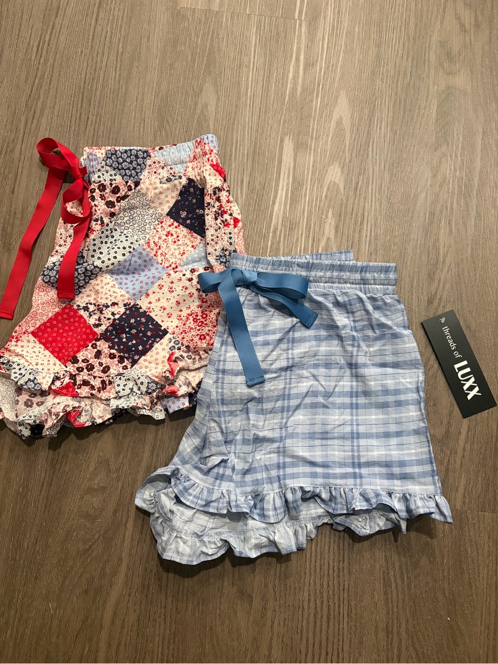 Lux Patchwork & Blue Plaid Ruffle Shorts Set - Red, Navy, Blue